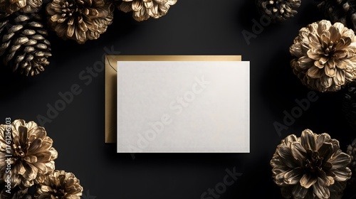 Elegant gold pinecones frame a blank white card and gold envelope on a dark background.