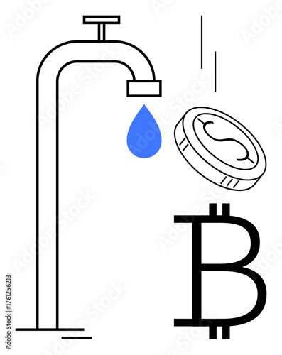 Faucet releasing blue water droplet, coin and Bitcoin icon symbolize cryptocurrency liquidity, passive income, and resources. Ideal for finance, blockchain, investment, mining, economy innovation