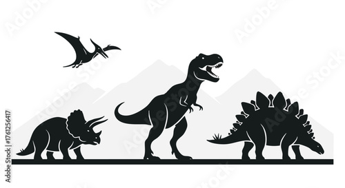 Dinosaur Silhouette Scene Vector Flat Design Prehistoric Landscape Illustration