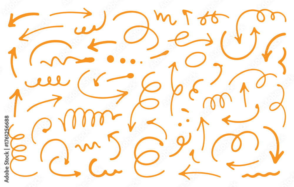 Obraz premium Hand-drawn orange arrow collection diverse directional signs and symbols for graphic design and navigation