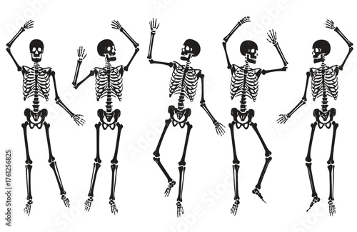 Five dancing skeletons in black and white on a white background halloween