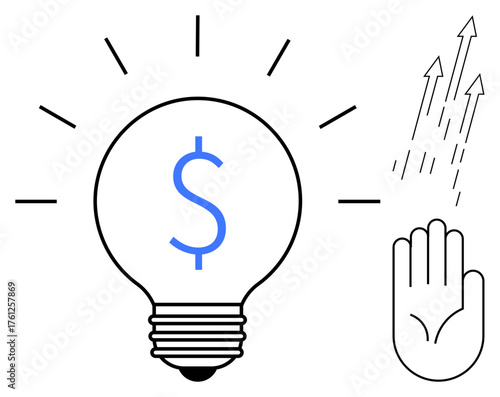 Light bulb with dollar sign symbolizing profitable ideas, hand stopping arrows for risk control. Ideal for finance, innovation, business, solutions, profit, strategy startup. Simple flat metaphor
