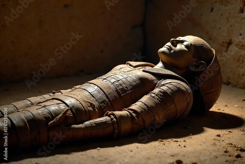 Intricately Wrapped Mummy in Dimly Lit Egyptian Tomb A Mysterious Glimpse into Ancient Burial Practices