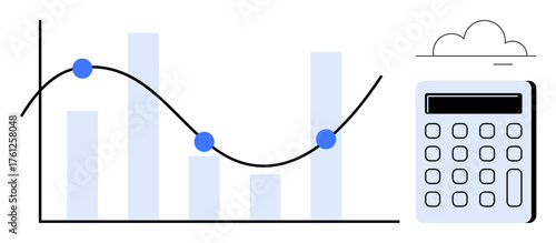 Bar chart with trend line and data points next to a calculator under a cloud. Ideal for finance, accounting, data visualization, analysis, business planning, statistics, cloud technology. Simple flat