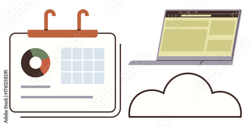 Calendar with analytics chart, open laptop browser, and cloud element. Ideal for project management, teamwork, cloud storage, digital scheduling, business analytics, remote work modern workflow