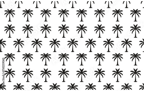 Repeating pattern of black palm trees on a white background tropical beach