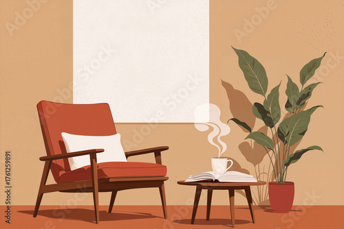 Minimal retro interior with orange armchair, coffee cup, open book, plant and warm light, peaceful mid-century modern home vibe