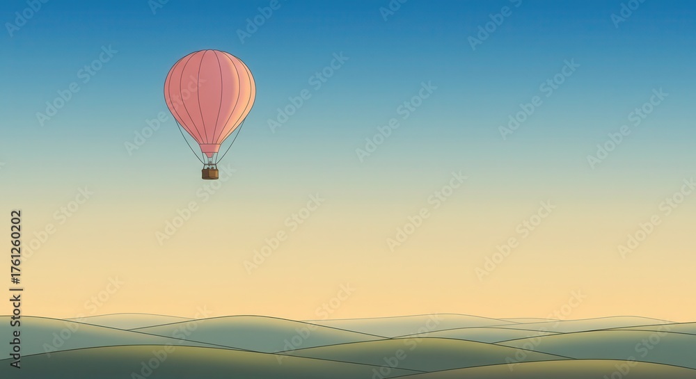 Fototapeta premium A lone hot air balloon drifts serenely above rolling hills.