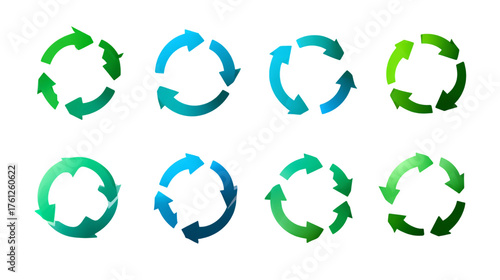 Recycling Symbols Graphic Set of Circular Arrows in Green and Blue Colors Isolated on Transparent Background, PNG