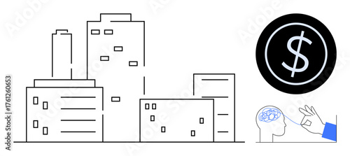 Clean city skyline beside a hand surgically enhancing brain creativity juxtaposed with money icon. Ideal for finance, innovation, technology, urban planning, entrepreneurship, economy, progress