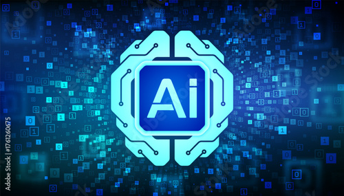 Digital brain. AI. Artificial Intelligence technology concept. Neural network. Machine learning. Big data analysis. Binary code background with digits 1.0. Binary Data Flow. Vector illustration.