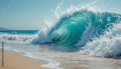 Fototapeta Naklejka Na Ścianę i Meble -  Powerful turquoise ocean wave curling and crashing onto sandy shore under clear sky
