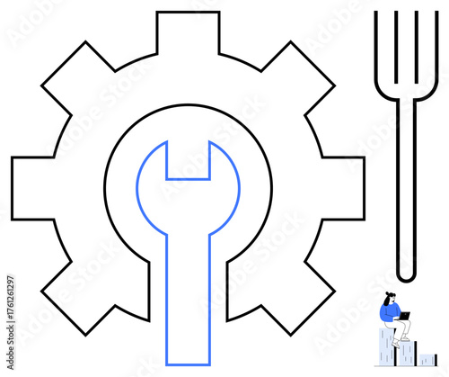Gear enclosing a wrench, alongside a fork, with a woman seated on blocks. Ideal for repair, engineering, tools, food services, planning problem-solving business strategy. Simple flat metaphor