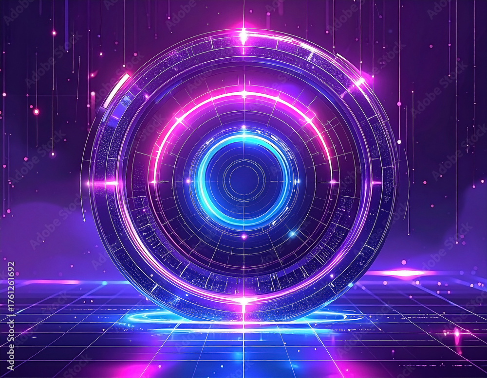 Fototapeta premium Glowing portal on a grid floor, with neon pink and blue light effects