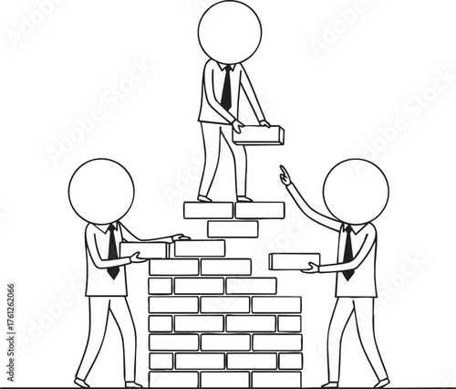 Faceless business characters in suits collaborating to build a brick wall together.