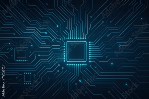 Sleek circuit board banner with luminous traces microchip nodes and depth layered grids perfect for technology websites presentations and cybersecurity branding visuals
