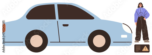 Blue sedan and a casually dressed woman standing confidently nearby with a caution sign. Ideal for themes thumbs up road safety, auto care, urban life, caution, travel, self-reliance, simple flat