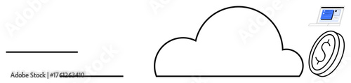 Coin, cloud, and laptop screen with financial data highlight online money transfer and cloud storage. Ideal for fintech, cloud computing, e-commerce, investment, digital banking, data management