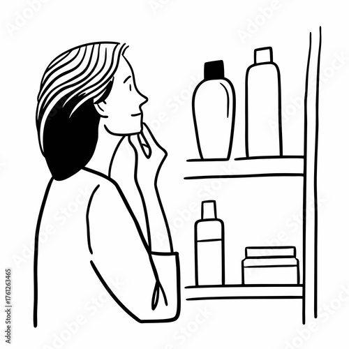 Woman contemplating beauty products in minimalist bathroom setting  