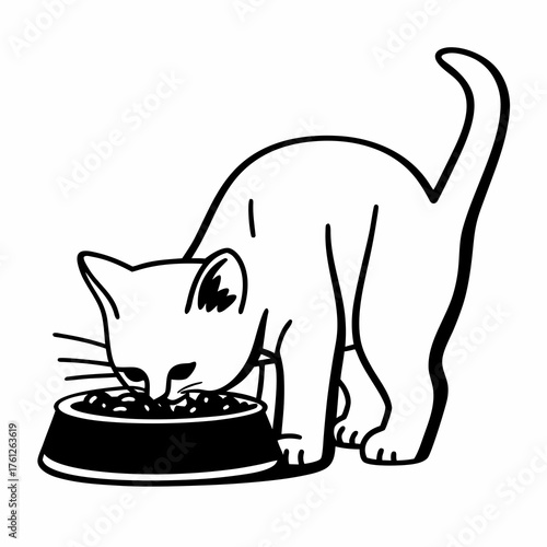 Cat eating from a food bowl in a minimalist style  