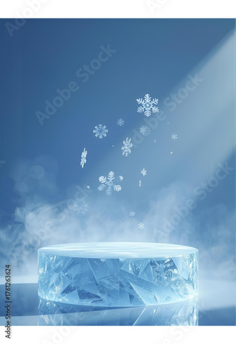 Winter wonderland ice podium with falling snowflakes