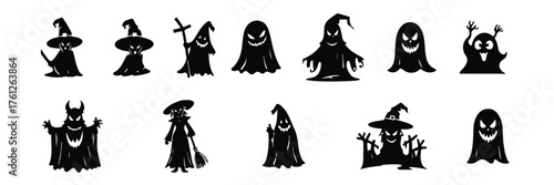 Collection of Halloween silhouettes featuring ghosts spooky trees haunted houses 