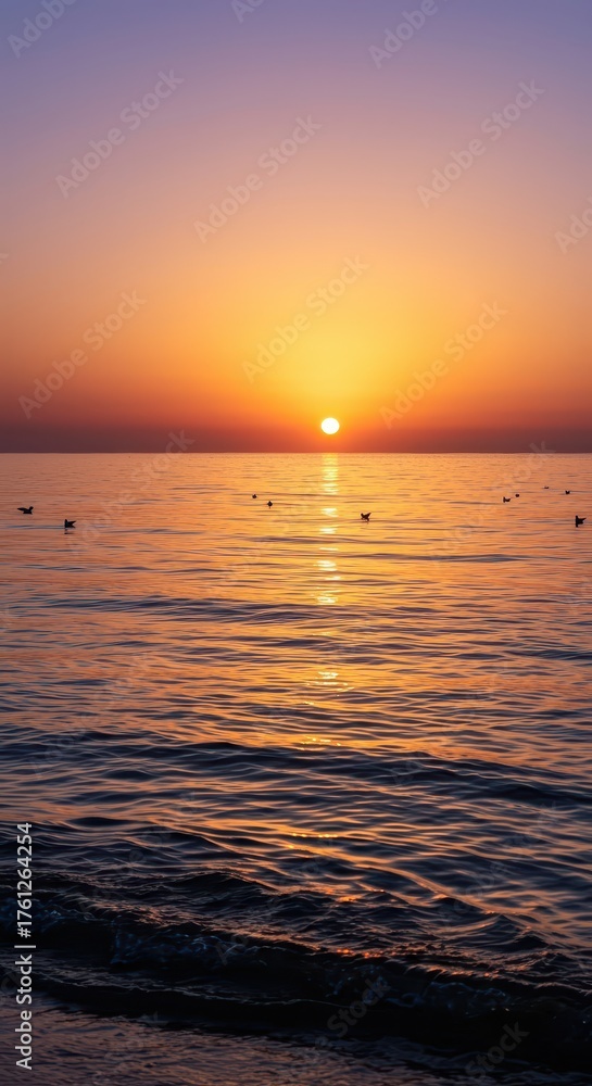 Obraz premium Sunset casts golden light on gentle ocean waves with birds flying.