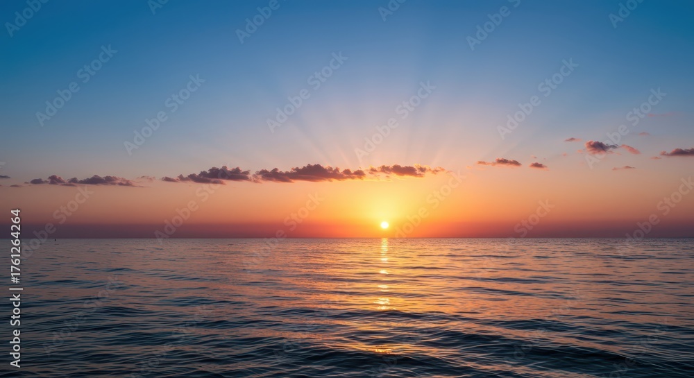 Naklejka premium Ocean horizon at sunrise with colorful sky and gentle waves.