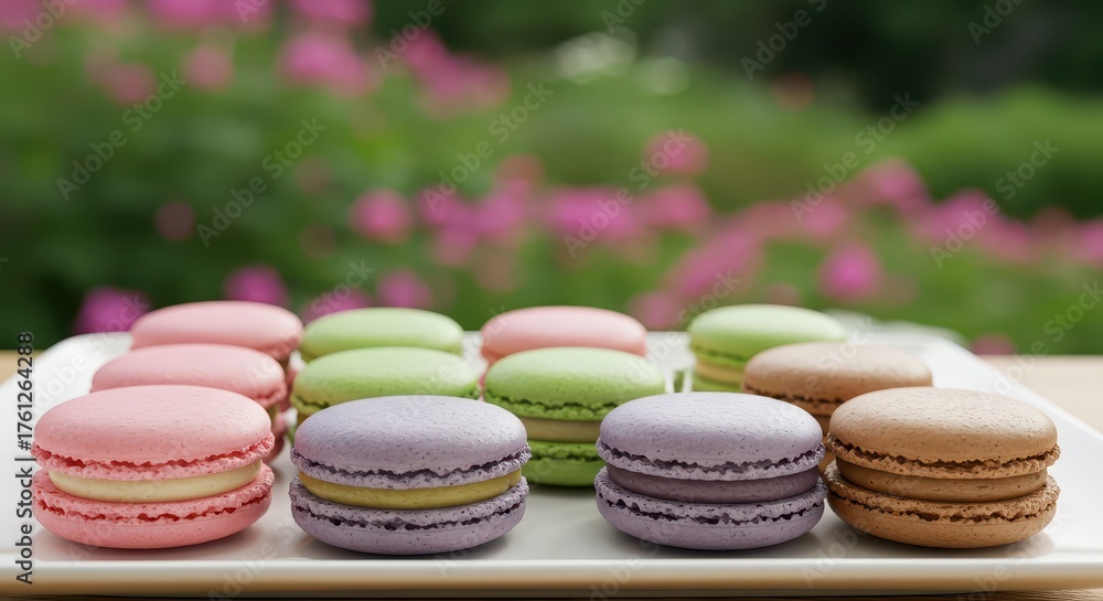 Obraz premium Assorted colorful meringue cookies are presented on a white plate outdoors.