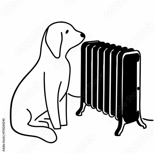 Dog sitting next to an electric heater in a cozy indoor setting  