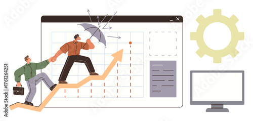 Two individuals climbing an upward graph one supports the other holding an umbrella deflecting arrows. Accompanied by a gear, screen, and chart. Ideal for collaboration, leadership, strategy, goal