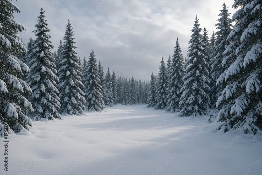 Fototapeta premium Snow Covered Pine Forest in Winter Landscape