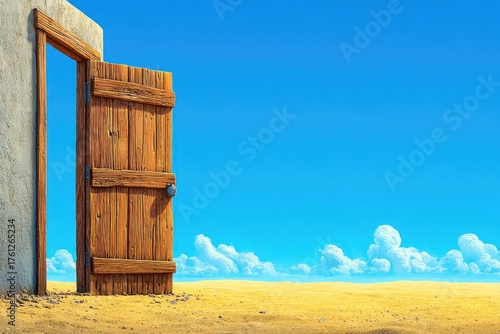 An open wooden door stands in a sandy landscape against a bright blue sky.