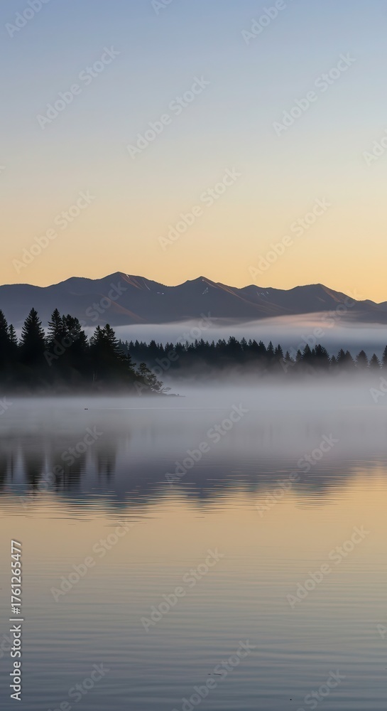 Fototapeta premium Serene mountain lake shrouded in morning mist with reflected sky and trees.