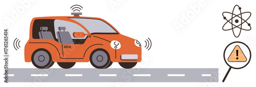 Orange self-driving car uses sensors while on the road, paired with alert sign and atom graphic. Ideal for AI, automation, transportation, safety, innovation, science technology. Simple flat