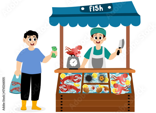 Boy fishmonger sells a variety of fresh and hygienic seafood at a fish shop. Vector illustration of a seafood market stall with fresh fish products such as octopus, clams, shrimp, and lobster.