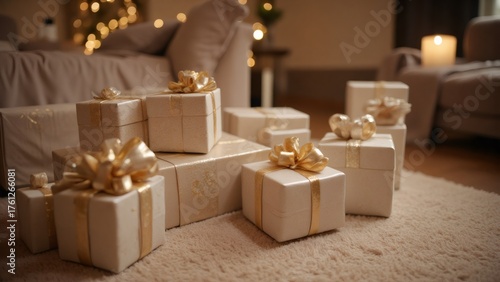 Christmas Gifts Elegantly Wrapped with Golden Bows on a Cozy Carpet Interior