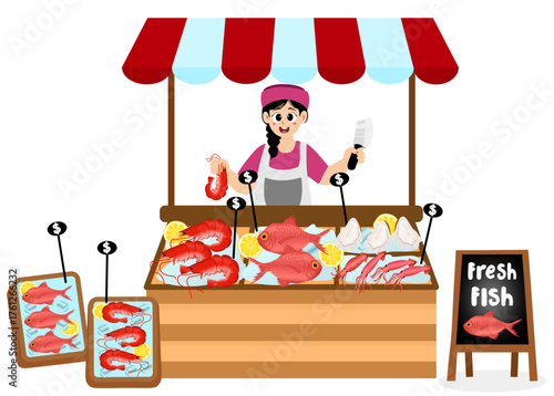 Girl fishmonger sells a variety of fresh and hygienic seafood at a fish shop. Vector illustration of a seafood market stall with fresh fish products such as octopus, clams, shrimp, and lobster.