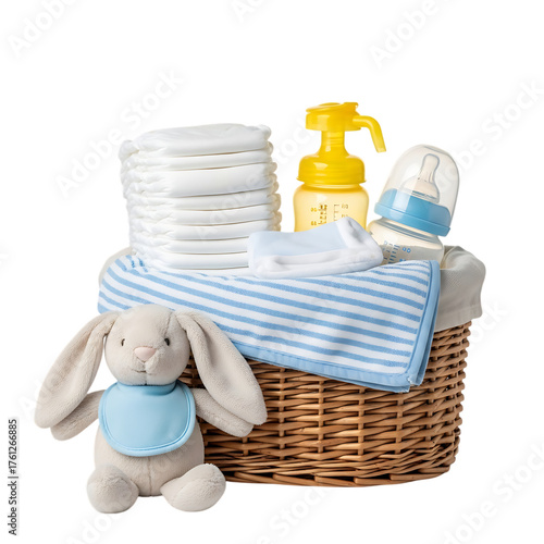 Baby essentials gift basket with plush toy and diapers