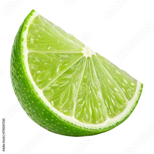 Slice of fresh lime with vibrant green zest and juicy pulp on black background