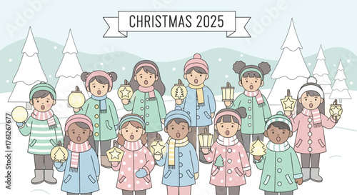 Weihnachtsgruppe von Kindern im Schnee.