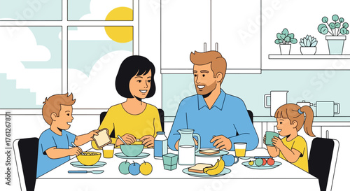 Familie frühstückt gemeinsam im hellen Küchenbereich.