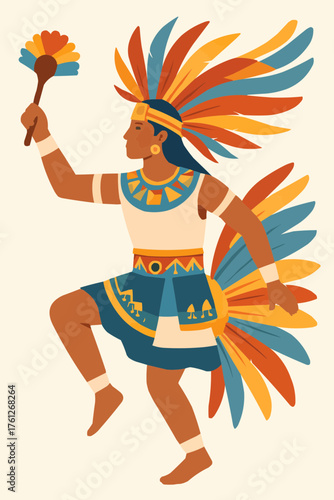 Flat vector of indigenous performer in feathered ceremonial costume