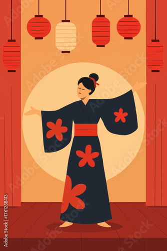 Flat vector of performer in kimono on stage with lanterns