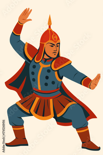 Flat vector of Mongolian performer in warrior costume with dramatic pose