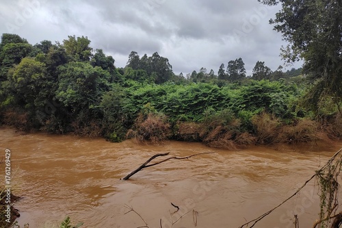 View of an intense flood in a small river in Vale do Taquari region, Rio Grande do Sul state, southern Brazil.