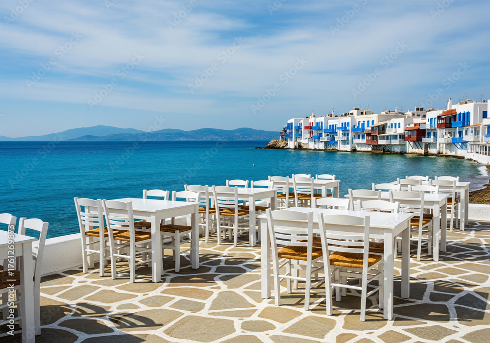 Fototapeta premium White table with chairs on the beautiful ocean view.