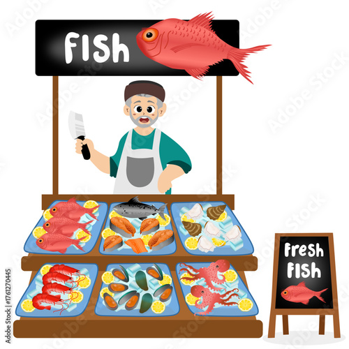 boy fishmonger sells a variety of fresh and hygienic seafood at a fish shop. Vector illustration of a seafood market stall with fresh fish products such as octopus, clams, shrimp, and lobster.