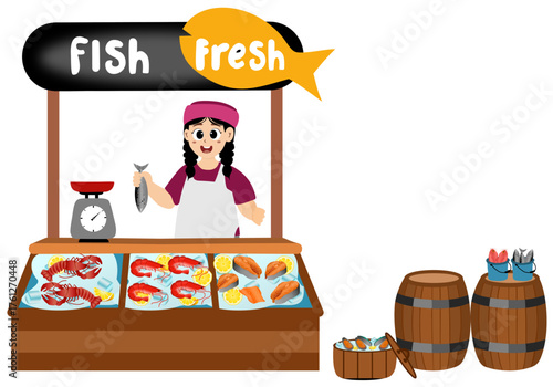 Girl fishmonger sells a variety of fresh and hygienic seafood at a fish shop. Vector illustration of a seafood market stall with fresh fish products such as octopus, clams, shrimp, and lobster.