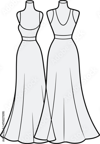 Elegant evening dresses on mannequins, formal fashion display, sleeveless gowns with flared skirts, prom and wedding attire, boutique style inspiration